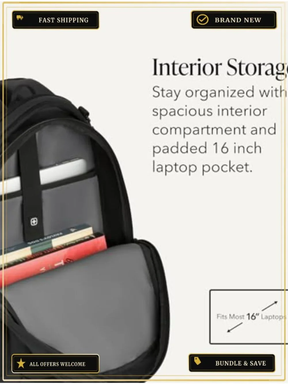 Laptop Backpack for Work Travel Commute, Fits 16-Inch Laptop, 3-Compartment,